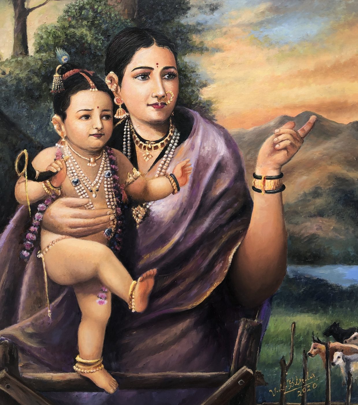 Yashoda holding the child Krishna, cattle grazing behind them