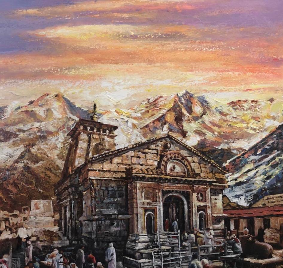 Kedarnath Temple before the Himalayan mountains at sunset