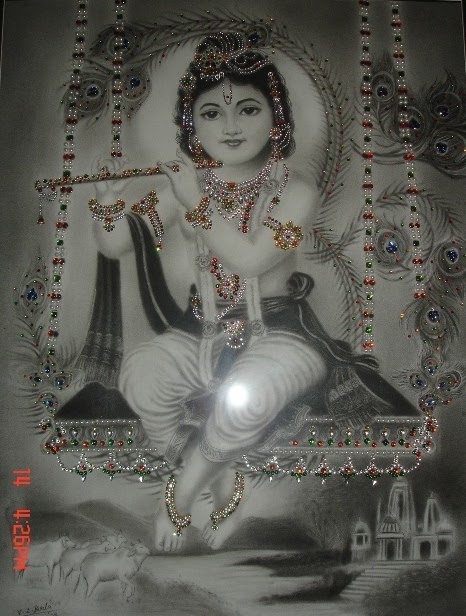 Monochrome study of young Krishna seated on an ornate swing
