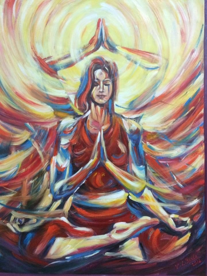 A figure meditating in lotus pose amid swirling colours