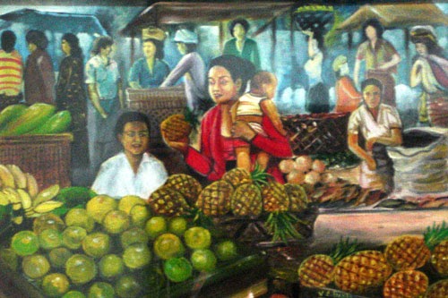 Vendors and shoppers surrounded by tropical fruit at an Indonesian market