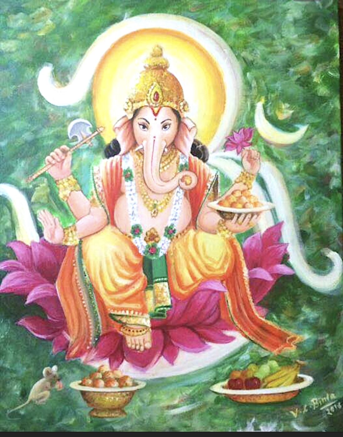 Ganesha seated on a lotus with offerings, his mouse at his feet