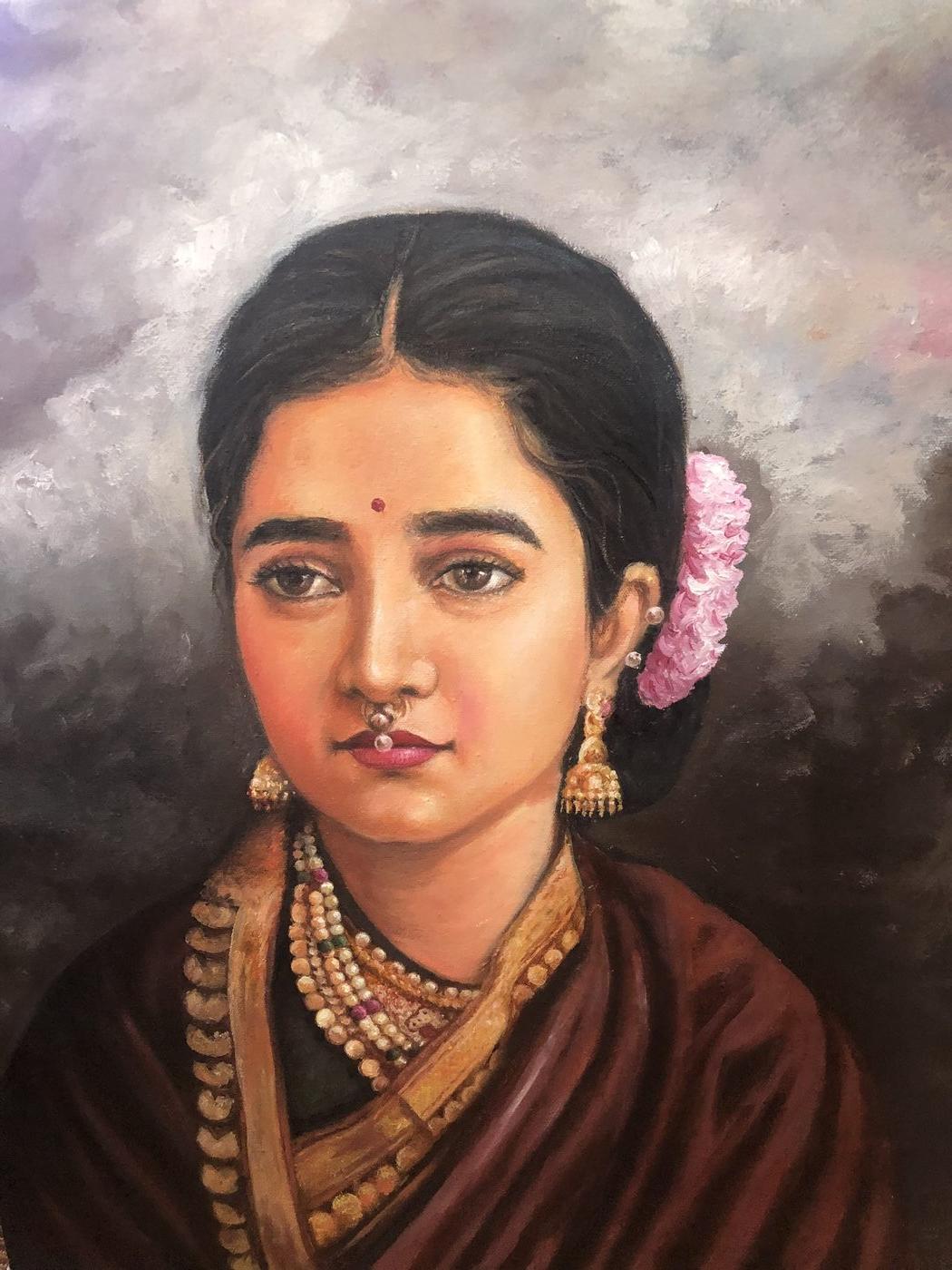 Portrait of a woman in traditional jewellery, in the style of Raja Ravi Varma