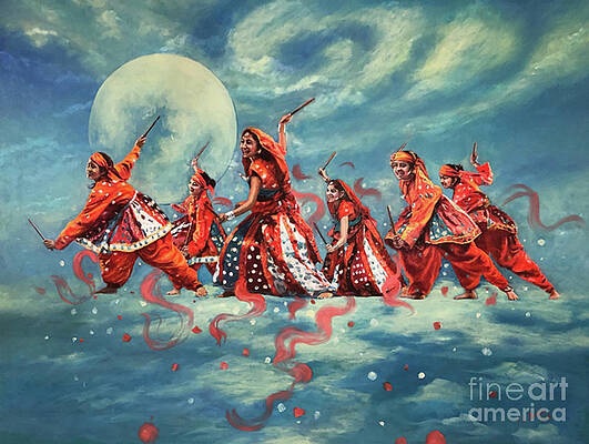 Dancers in vivid red clothing moving beneath a full moon