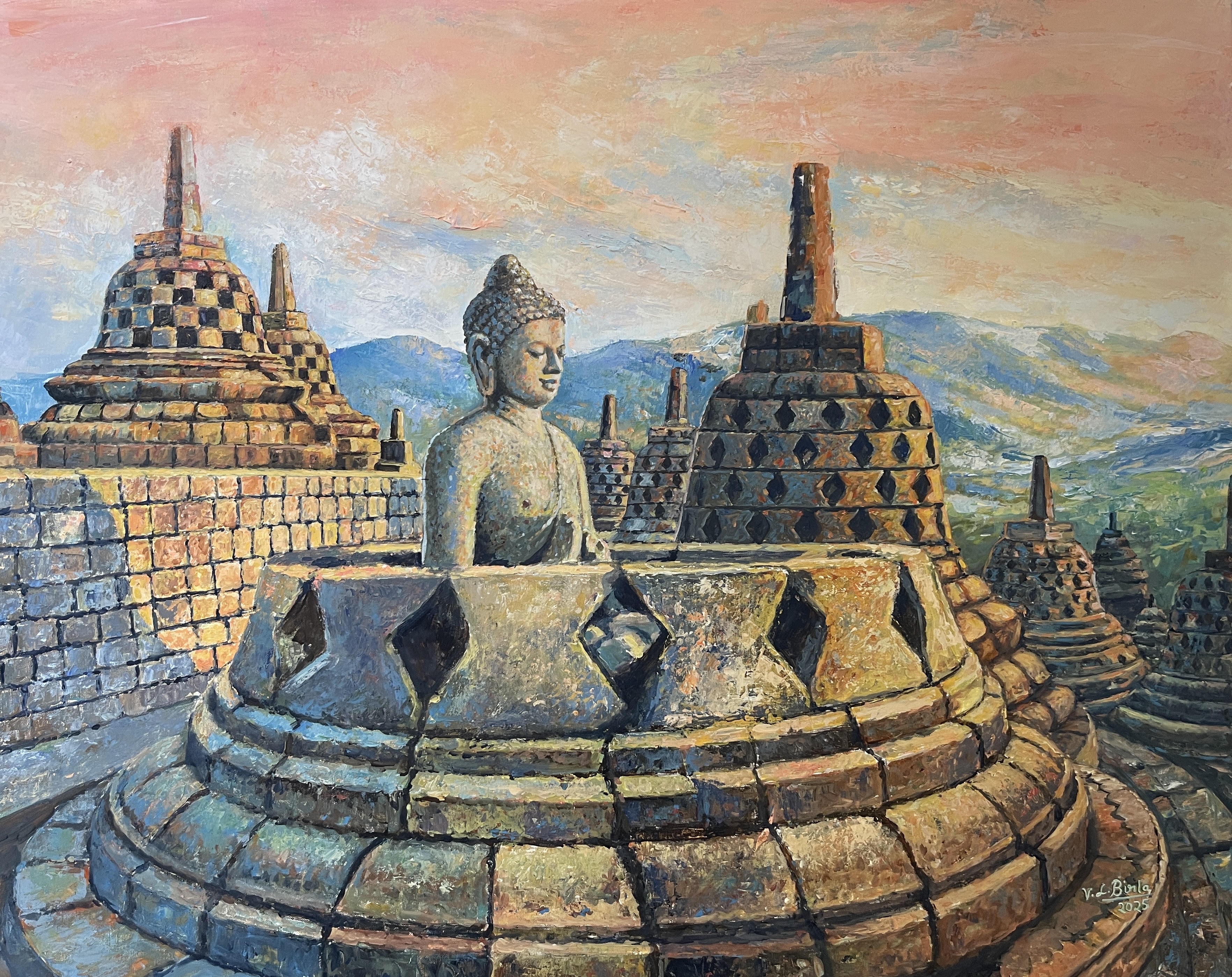 Acrylic painting of Borobudur Temple with stupas beneath a luminous sky